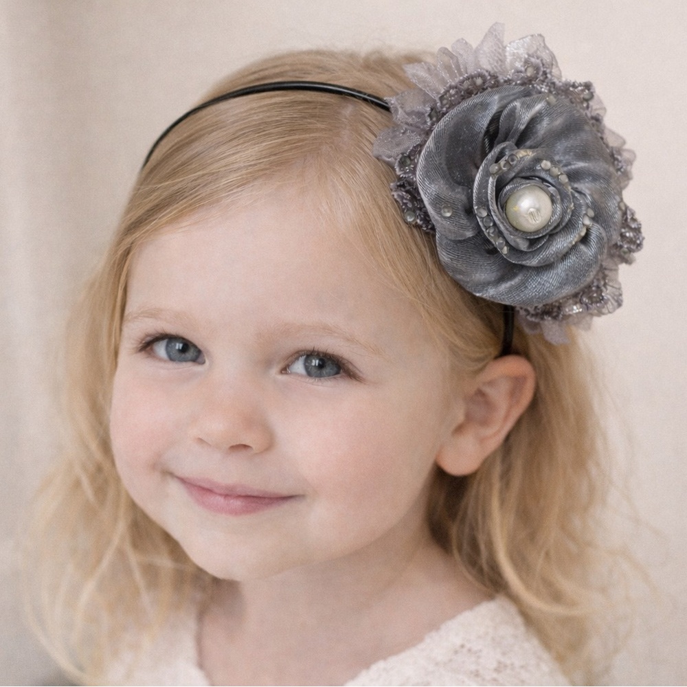 Kids Kapers Elegant Black & Gray Floral Hairband w/pearls‎ Girls NWOT